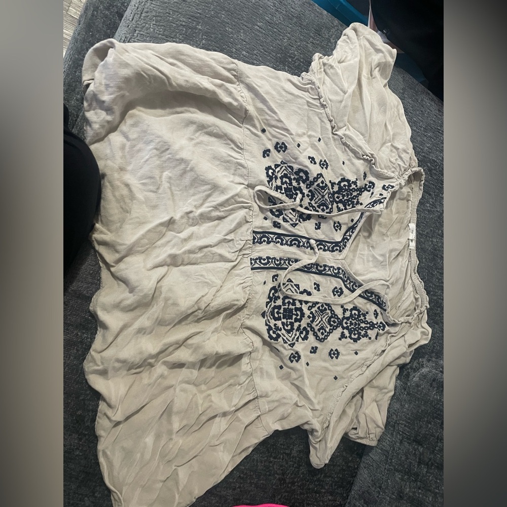 Maurices Cream Blouse with Blue Embroidery